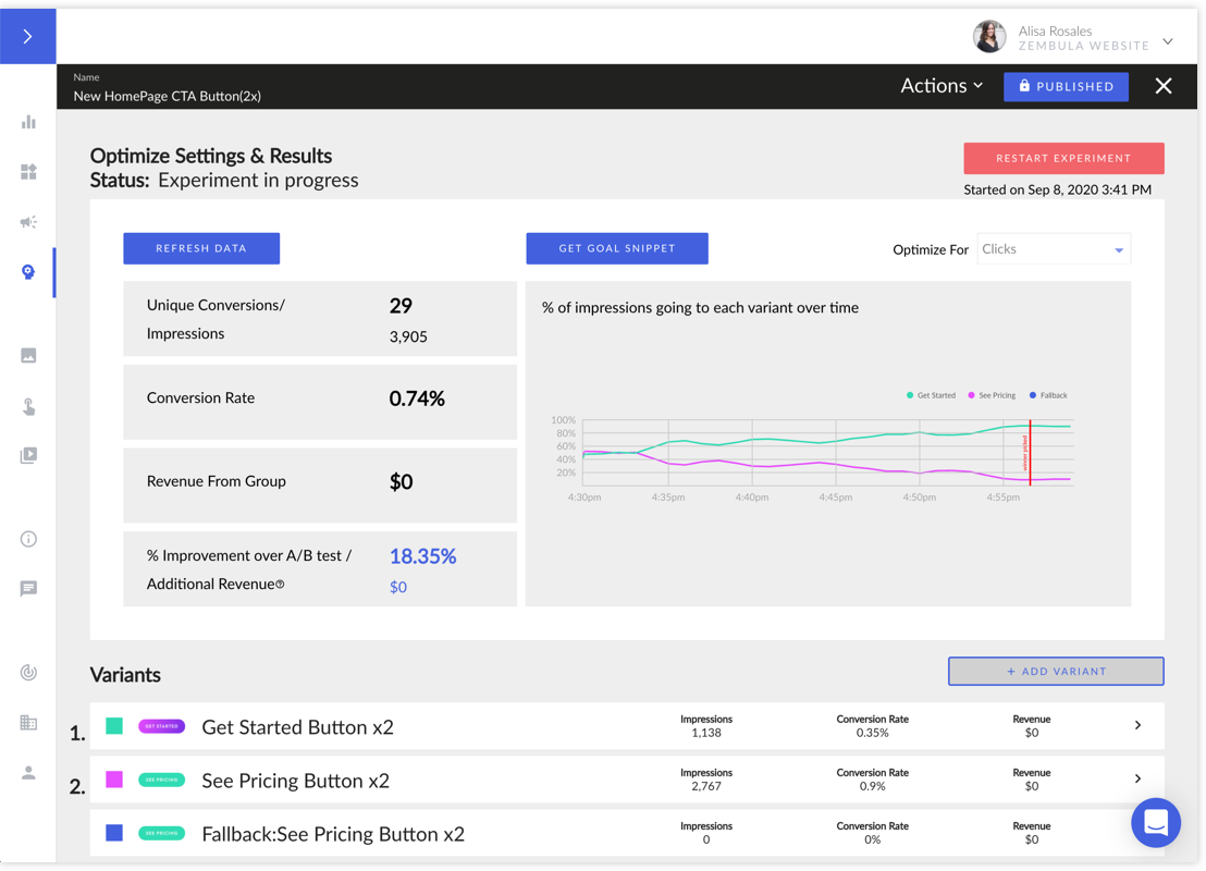 Zembula optimize dashboard