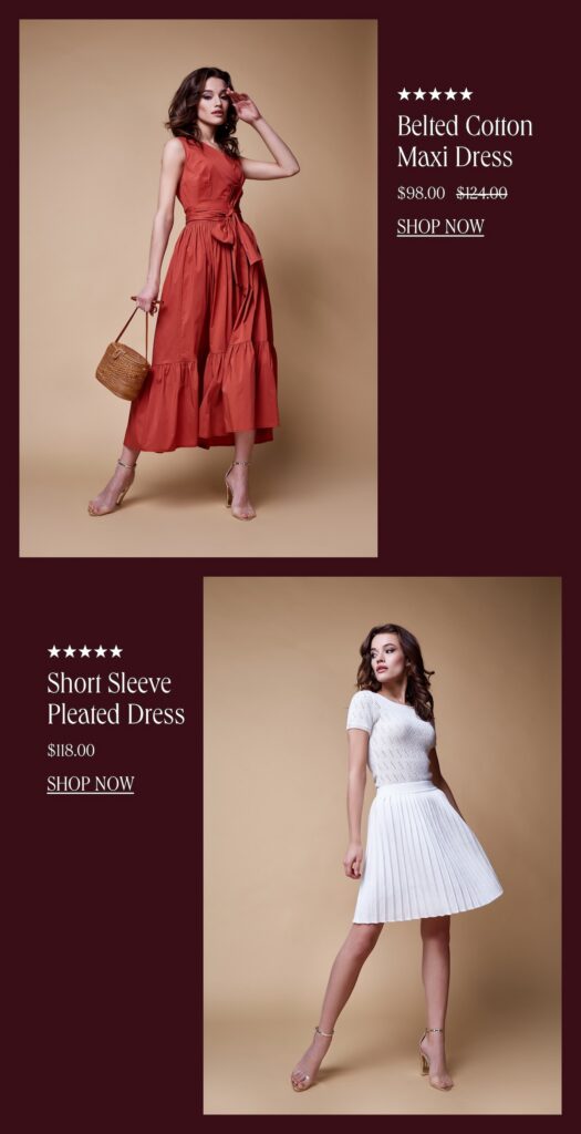 Two Women Model Dresses: One In A Sleeveless Belted Red Maxi Dress With A Wicker Bag, The Other In A Short Sleeve White Pleated Dress, Both Posed Against A Beige Background.