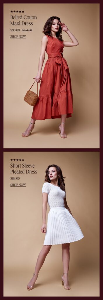 Two Women Model Dresses: One Wears A Sleeveless Rust-Colored Belted Maxi Dress With A Woven Bag, The Other Wears A White Short Sleeve Pleated Dress. Product Prices And &Quot;Shop Now&Quot; Are Displayed.
