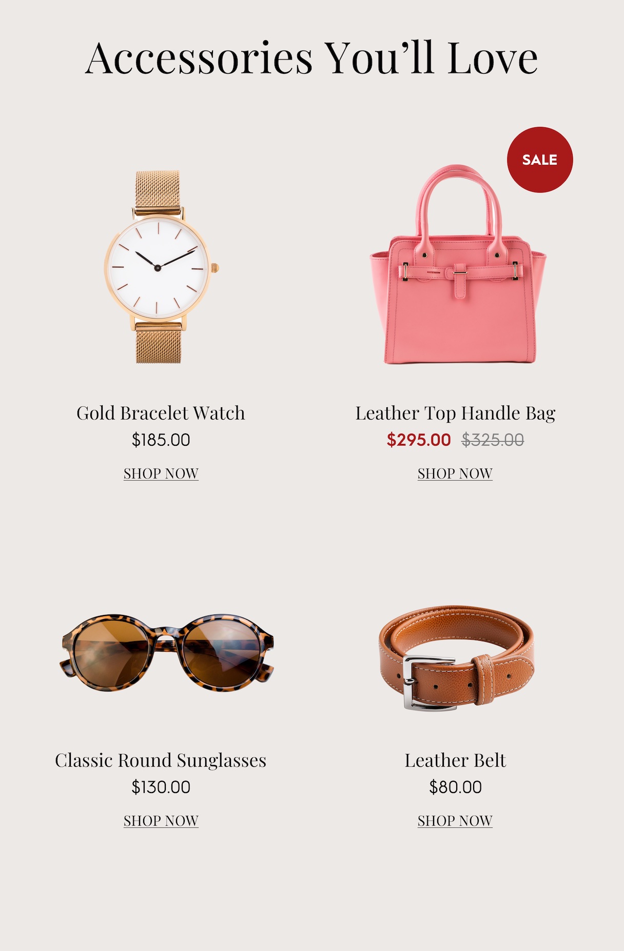Image-based product grid showing three accessory products with a 