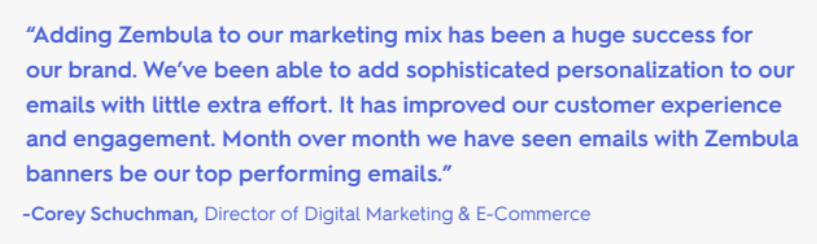 quote from city mattress describing positive results of zembulas smart banners to their email campaigns