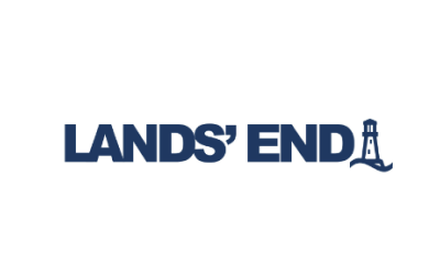 Lands' End Logo Featuring The Brand Name In Bold Navy Blue Letters And An Image Of A Lighthouse On The Right.