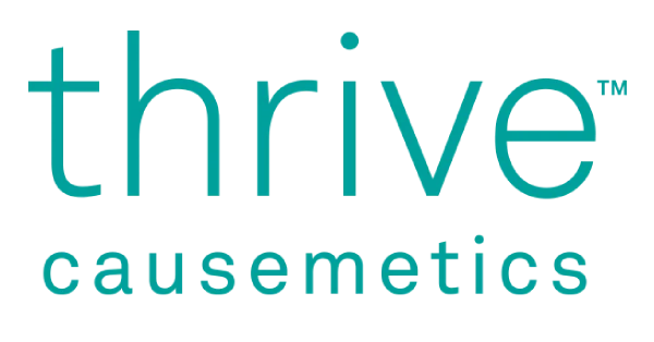 Logo Of Thrive Causemetics, Featuring The Brand Name In Lowercase Teal Letters With &Quot;Causemetics&Quot; Written Below In A Smaller Font.