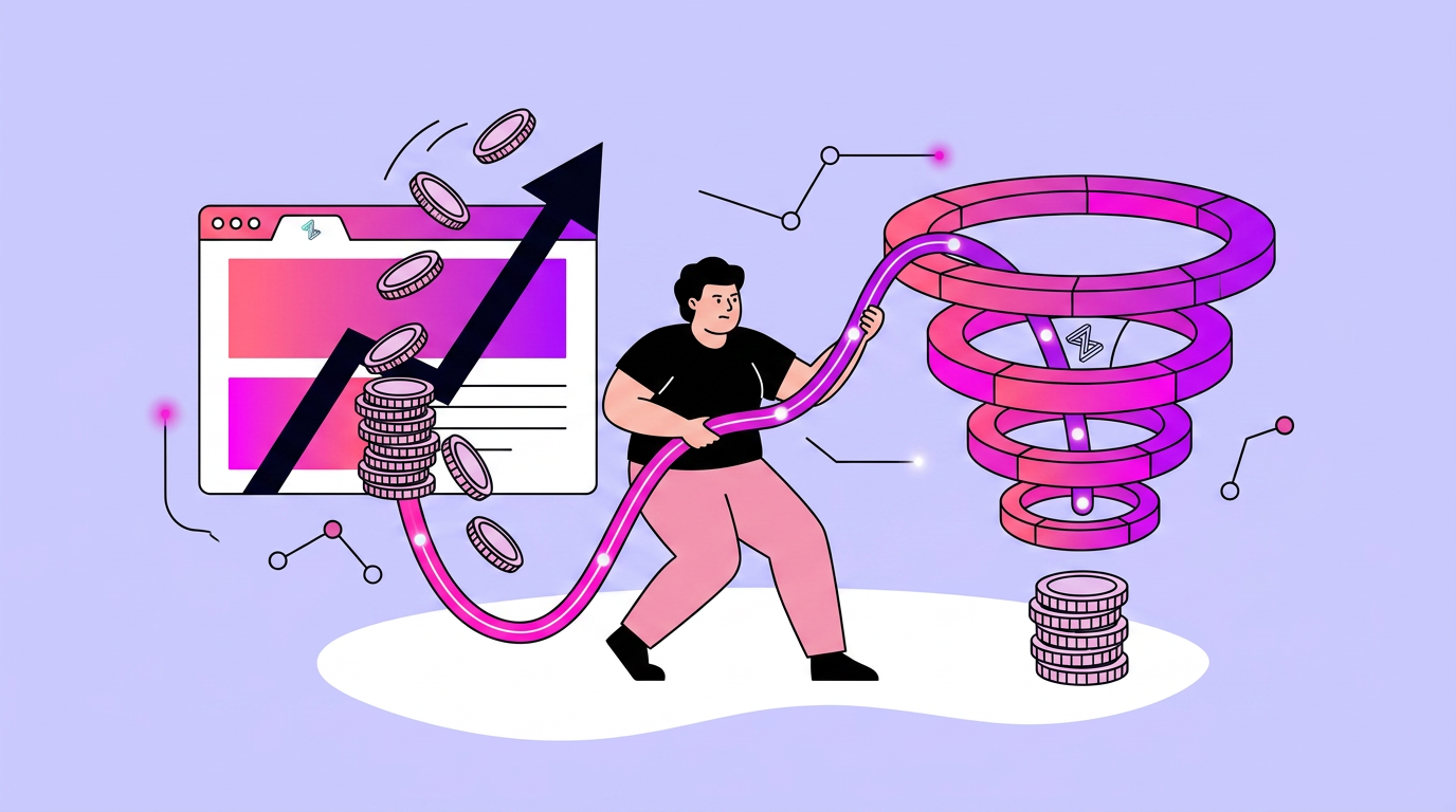 Illustration of a person channeling coins through a funnel with an upward arrow, stacked coins, and a browser window, representing financial growth or investment.