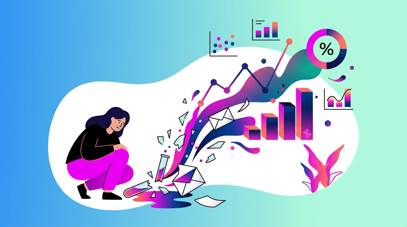 Illustration of a person picking up broken pieces, surrounded by charts, graphs, checklists, and a magnifying glass, symbolizing analysis and problem-solving.