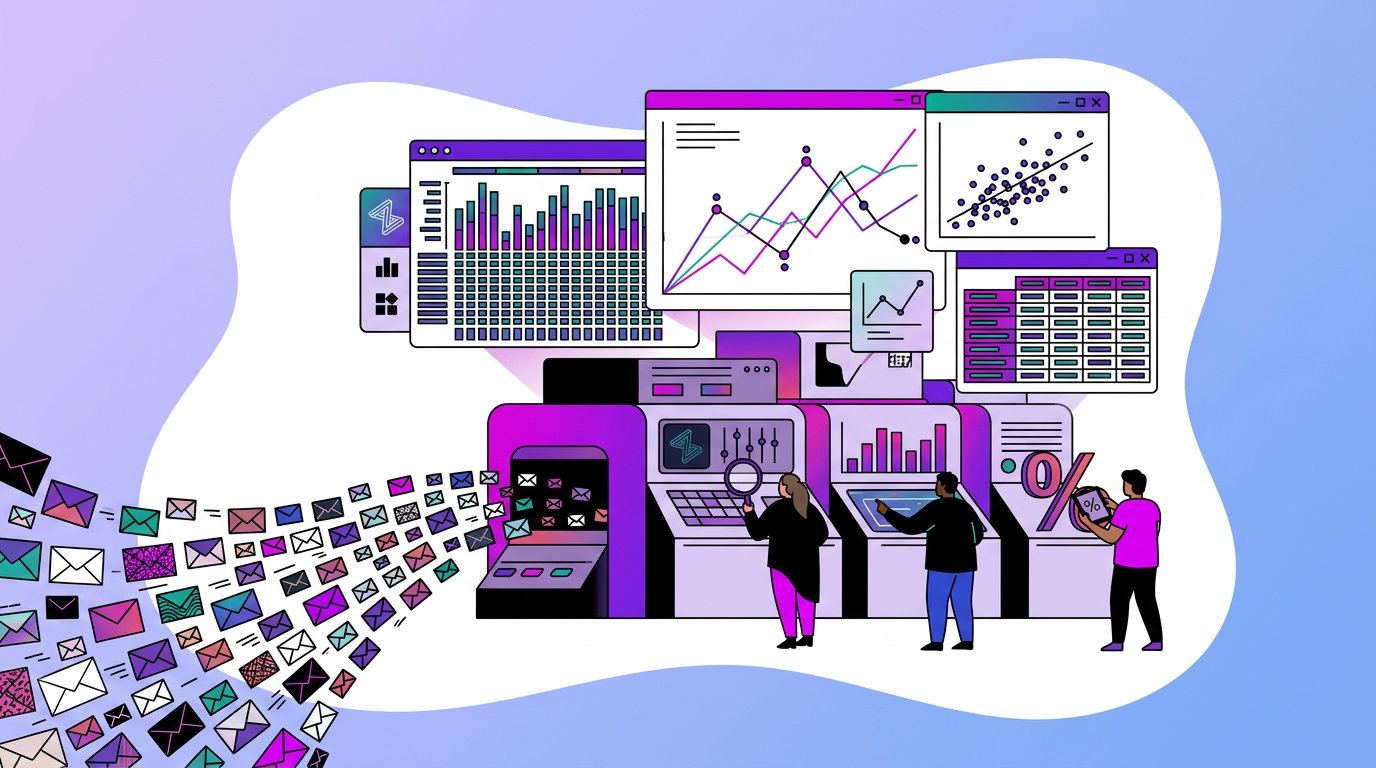 Illustration of people analyzing data on multiple large digital screens, with charts, graphs, and emails flowing in from the left side.