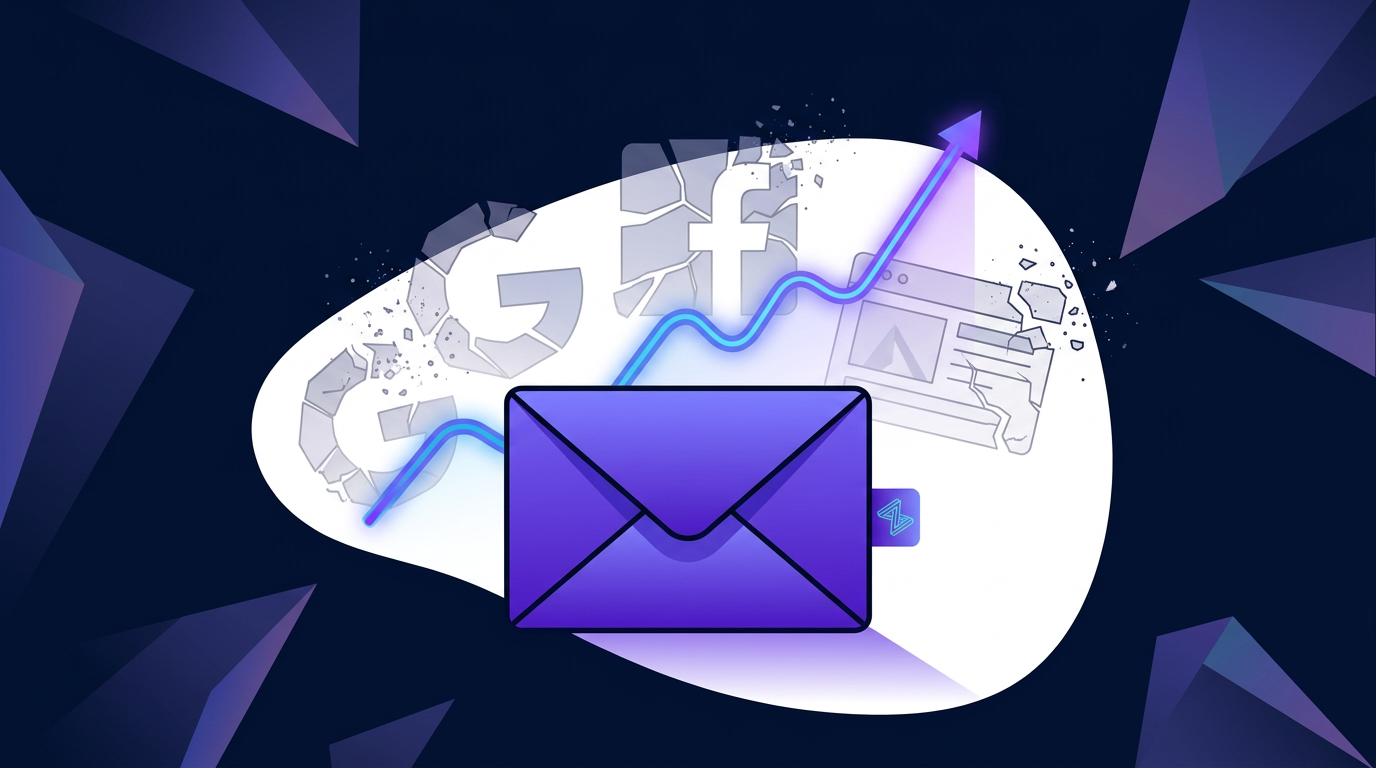 Illustration of a purple envelope in front of broken "G" and "f" letters, a rising arrow, and digital marketing icons on a dark background.
