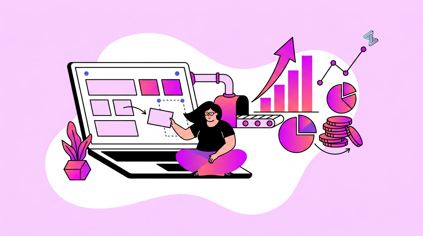 Illustration of a person sitting in front of a laptop with charts, graphs, a conveyor belt, coins, and a plant, symbolizing data analysis and workflow automation.