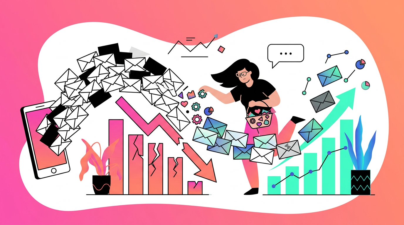 Illustration of a woman surrounded by flying emails, charts, and gears, with graphs showing both declining and rising trends on a colorful gradient background.