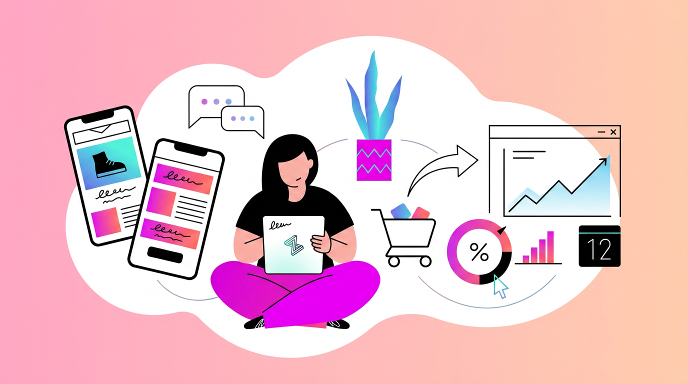 Illustration of a person sitting with a tablet surrounded by icons of smartphones, shopping cart, website analytics, charts, and a plant, representing online shopping and digital marketing.