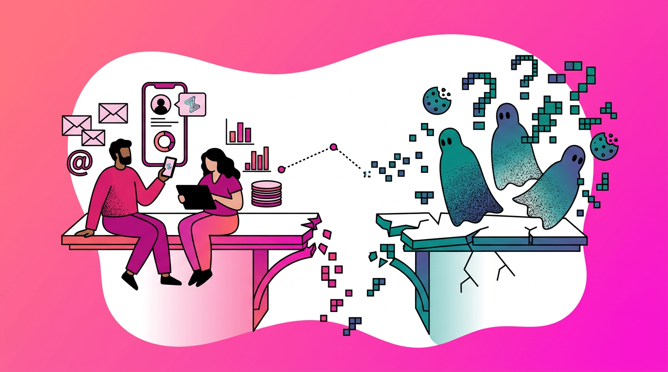Illustration of two people using digital devices on one side of a gap, with ghostly figures and question marks on the other, symbolizing digital communication versus uncertainty or unknowns.