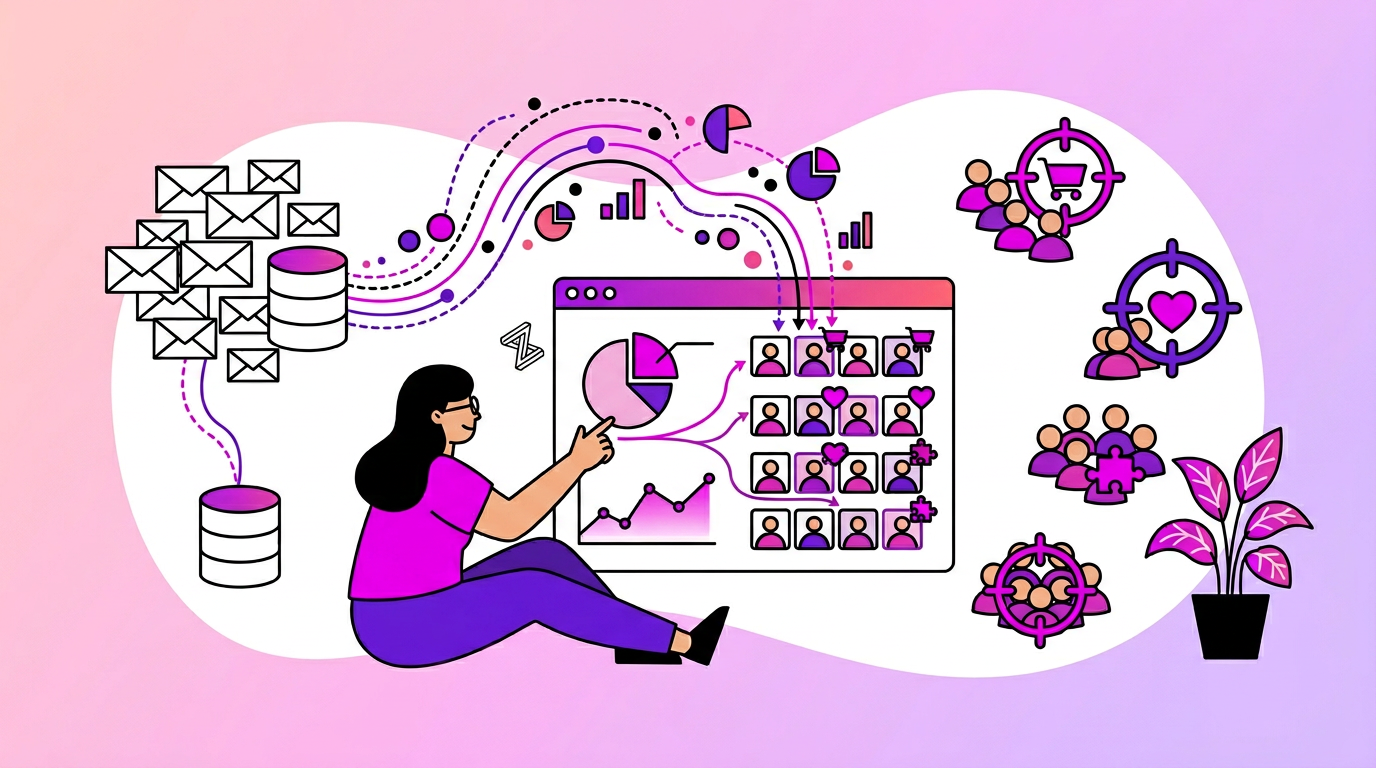 Illustration of a person analyzing data on a screen with charts, emails, and target audience icons on a pink and purple background.