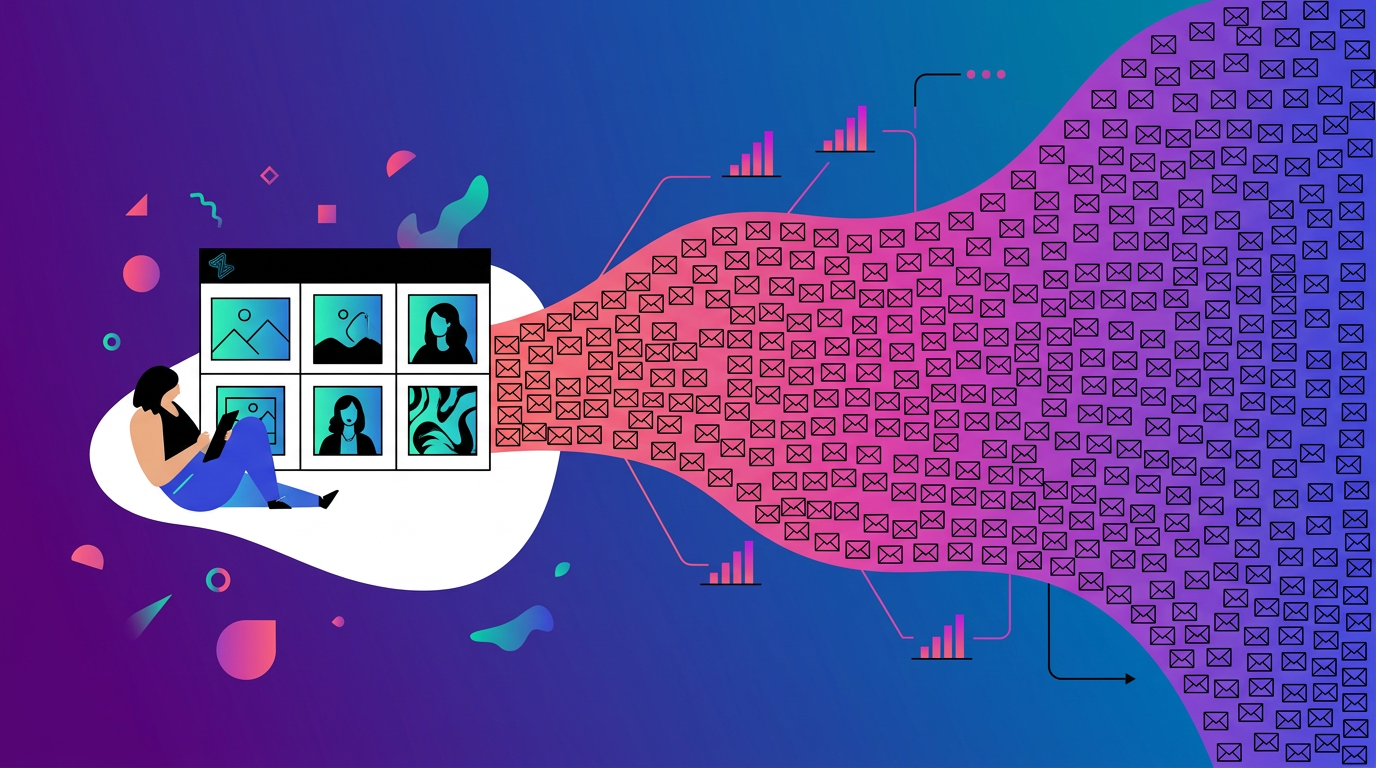 A person sits on the floor with a laptop, next to image thumbnails, as a large flow of email icons emerges toward the right, symbolizing digital communication.