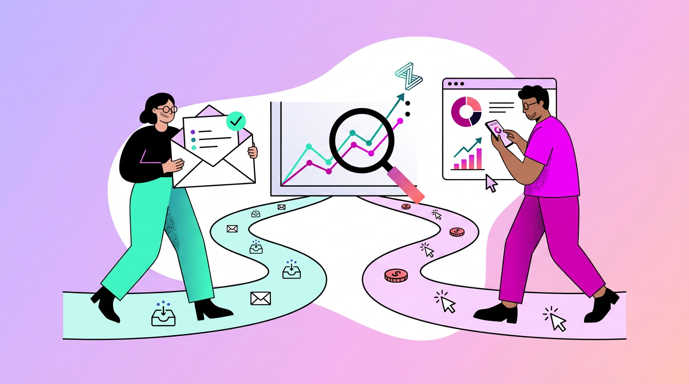 Two people analyze data and charts on tablets and paper, with graphs, emails, and data icons along a split path on a gradient background.