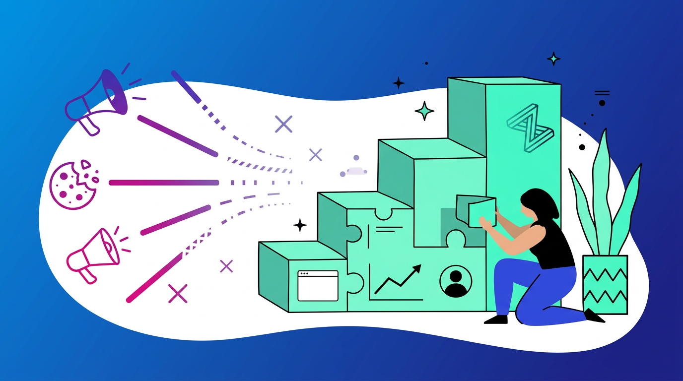 Illustration of a person assembling puzzle-shaped blocks with icons, while megaphones and digital symbols emit signals in the background, on a blue gradient backdrop.