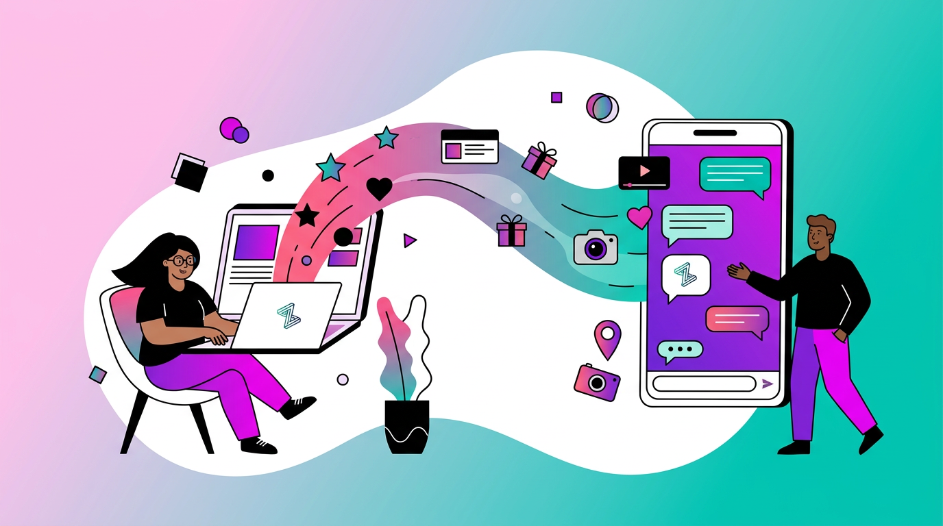 Illustration of a woman using a laptop and a man interacting with a giant smartphone, with digital icons like messages, gifts, and hearts flowing between the devices.