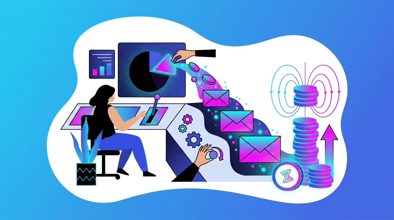 A woman at a desk operates a machine sending digital envelopes to a stack of coins, symbolizing data transfer and digital transactions.