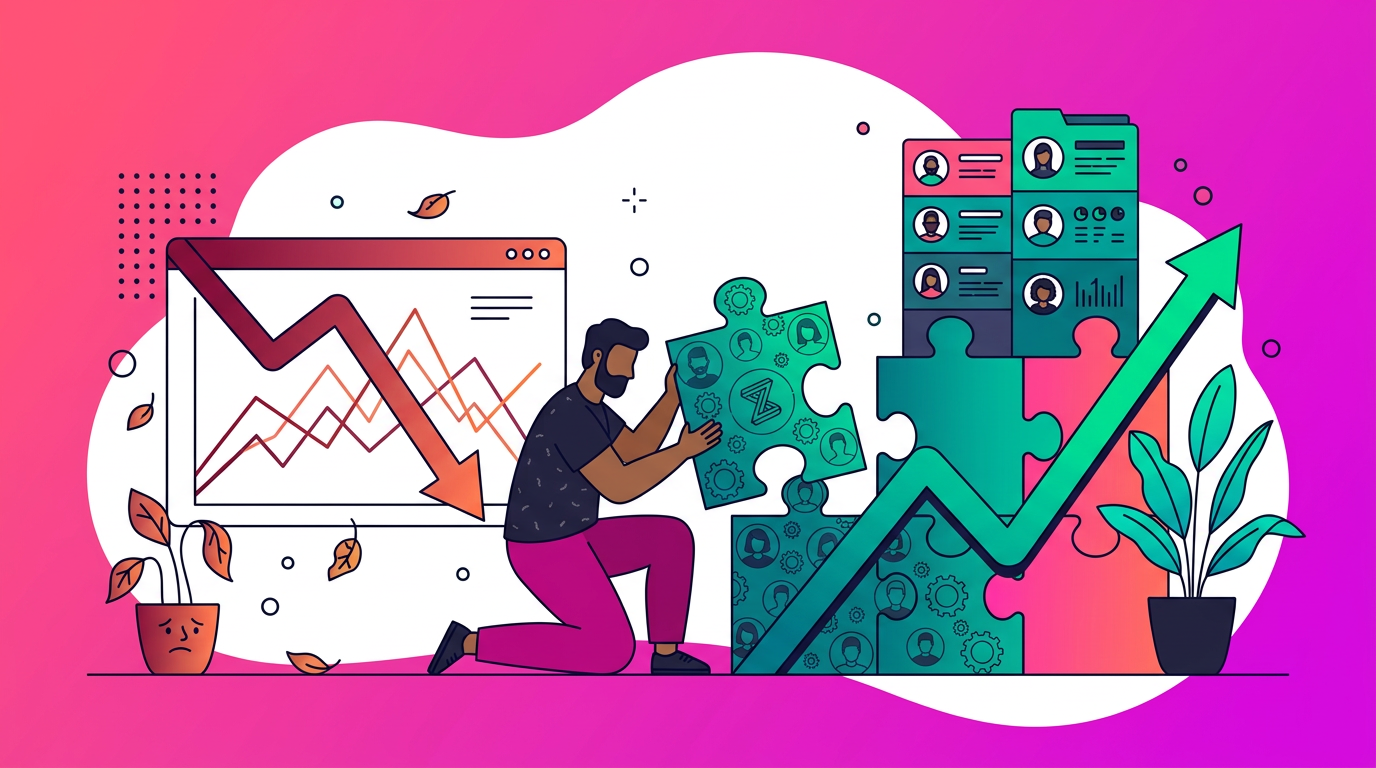 An illustrated man assembles puzzle pieces near declining and rising graphs, symbolizing problem-solving and business recovery.