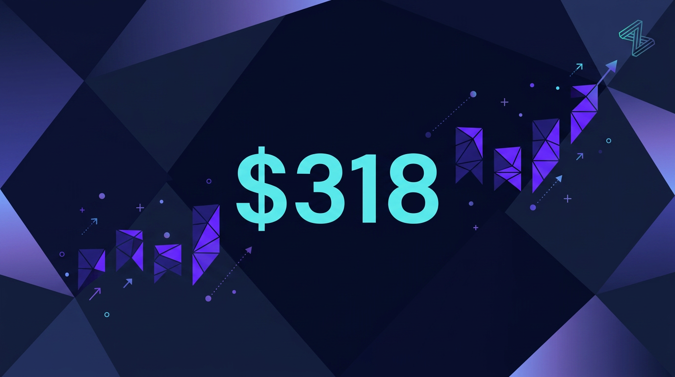 A graphic with a large "$318" in the center, surrounded by geometric shapes and upward-pointing arrows on a dark, abstract background.