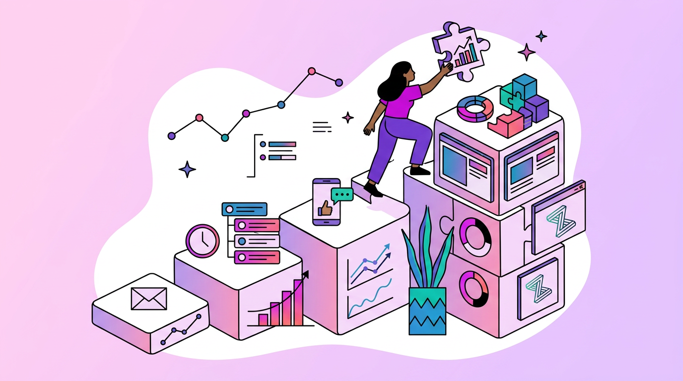 A woman places a puzzle piece on top of stacked data blocks surrounded by graphs, charts, and digital devices, symbolizing data analysis and problem-solving.