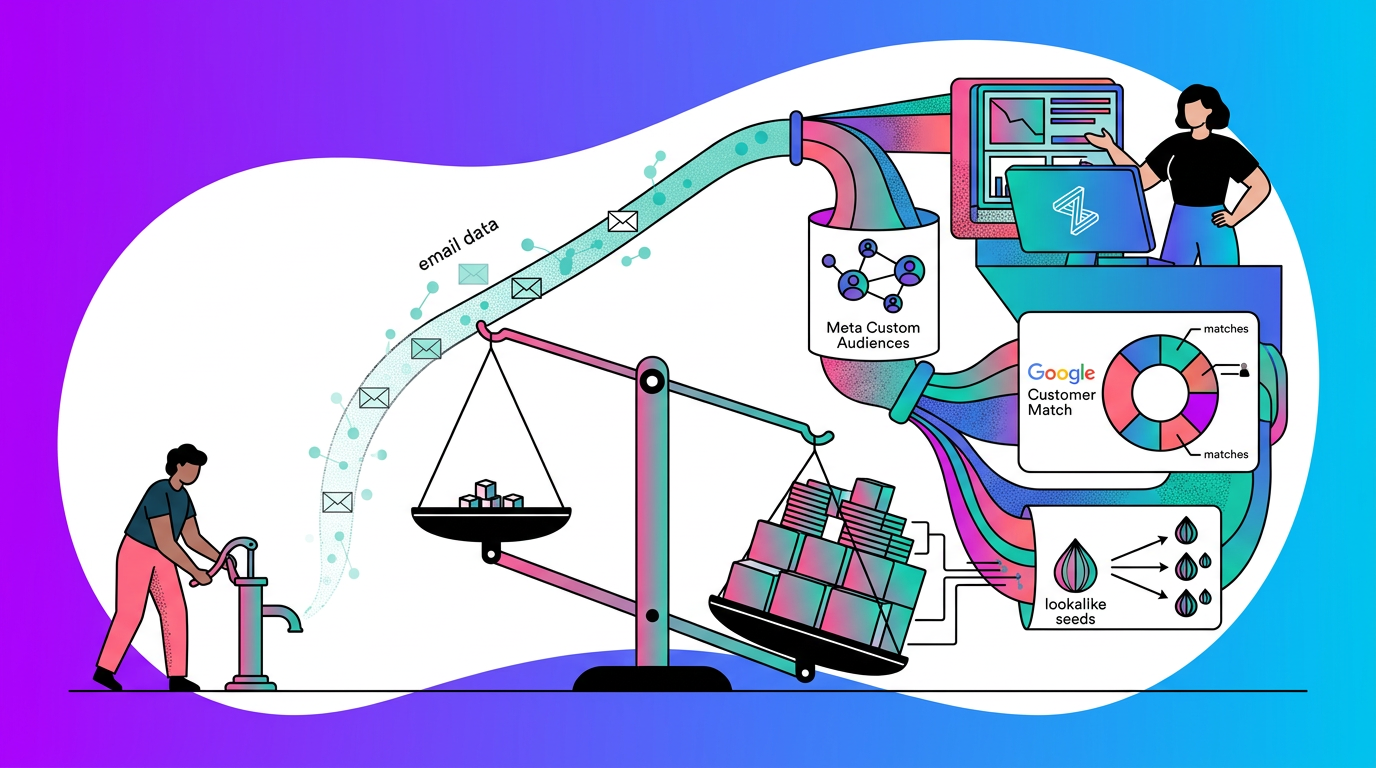 Illustration of a person sending email data into a system that weighs and processes information, matching it with Meta and Google audiences, and generating localized target groups.