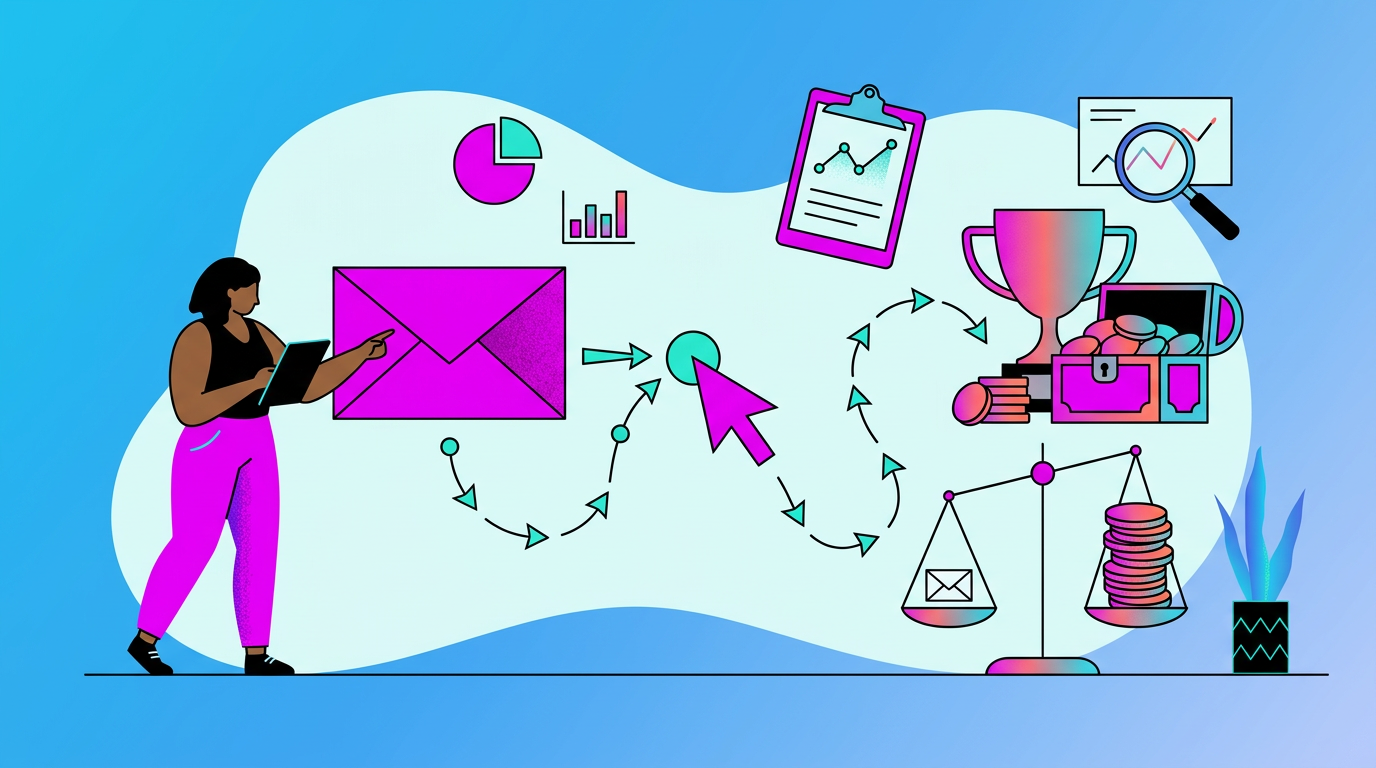 Illustration Of A Person With A Laptop Surrounded By Icons Representing Roi, Email, Analytics, Charts, A Trophy, Scales, And Coins On A Blue Background.