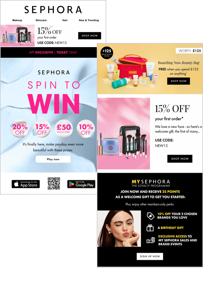 Sephora promotional ads featuring a 15% off offer, a spin-to-win prize wheel, exclusive gifts, and app download options, with images of beauty products and a model.