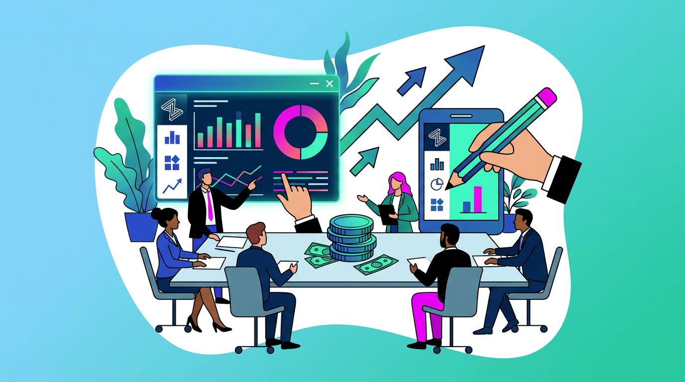 Illustration of a business meeting with charts, graphs, money, and arrows symbolizing data analysis and financial growth. People are discussing at a conference table.
