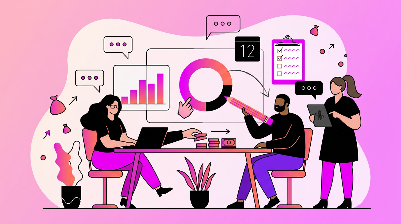 Three people collaborate at a table with laptops, charts, and documents, surrounded by data visualizations and icons, on a pink gradient background.
