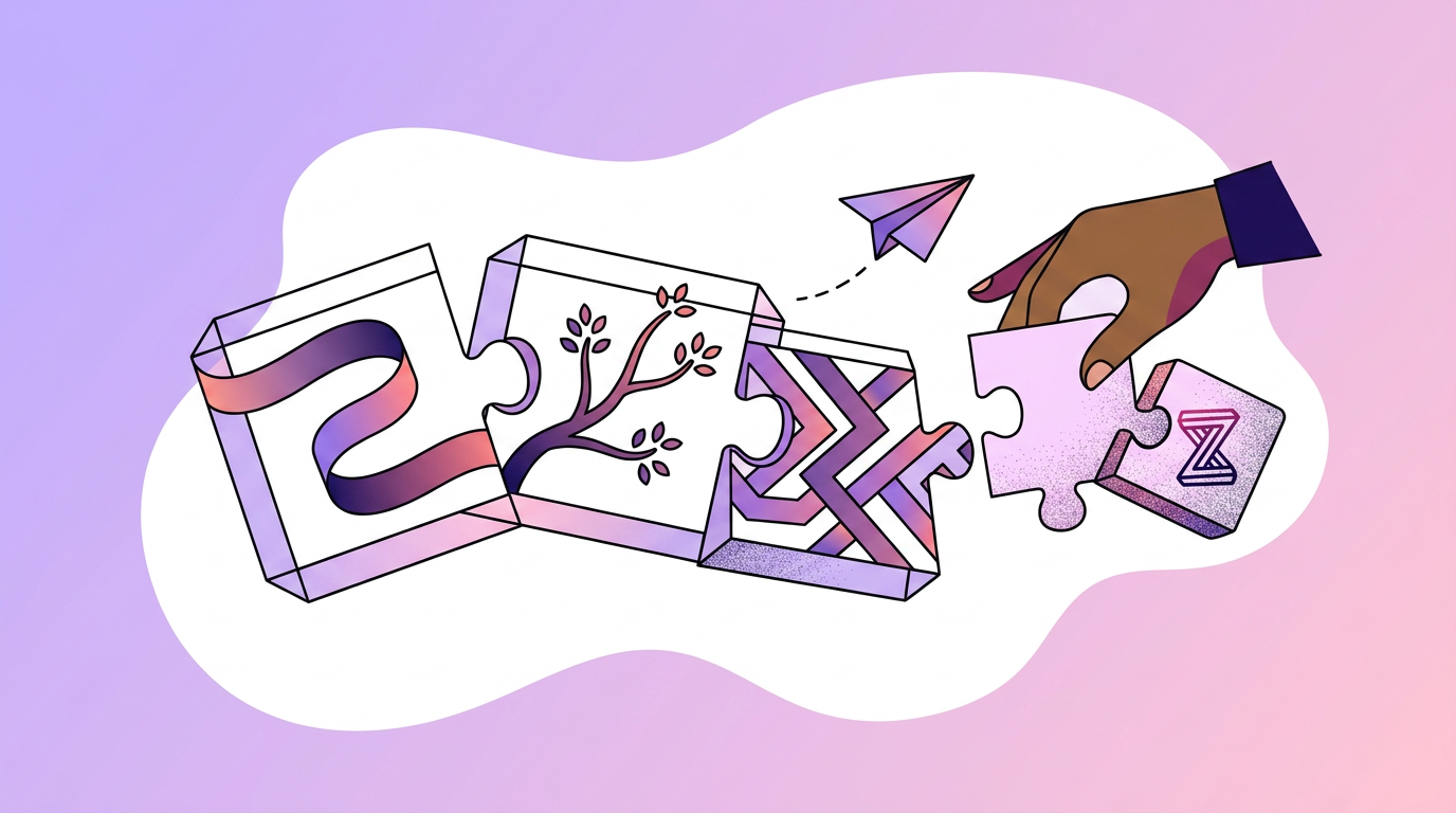 An illustrated hand places a puzzle piece to complete a puzzle with abstract designs, a tree branch, and a paper airplane on a purple and pink gradient background.