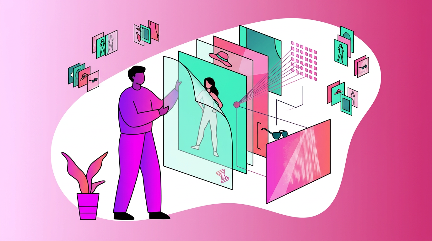 Illustration of a person interacting with layered digital screens displaying images, graphics, and data, with a plant and framed pictures in the background on a pink gradient backdrop.