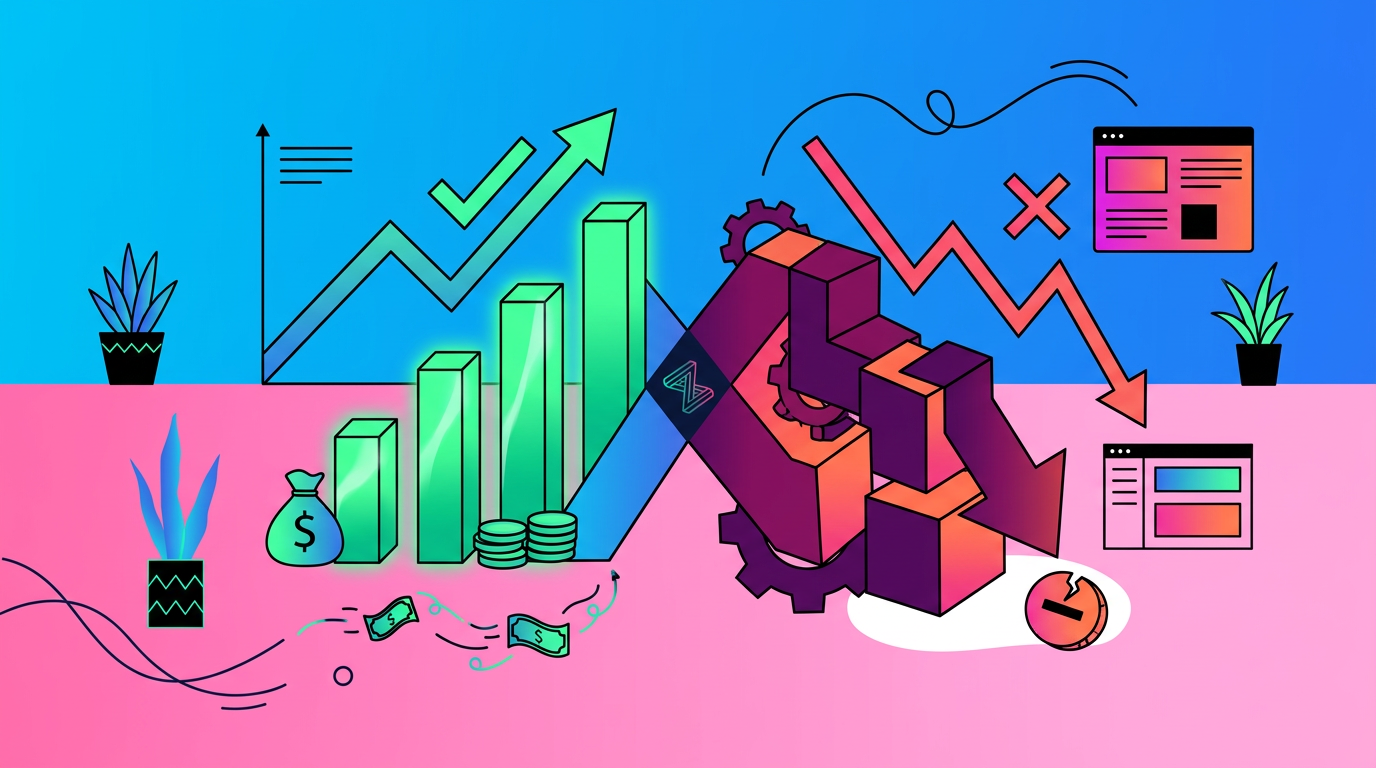 Split image showing green upward-trending graphs and money on the left, and red downward-trending graphs and broken blocks on the right, symbolizing financial growth and decline.