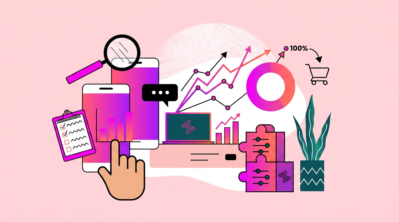 Illustration of digital marketing tools, including graphs, charts, checklists, mobile devices, a laptop, puzzle pieces, a shopping cart, and a plant on a pink background.