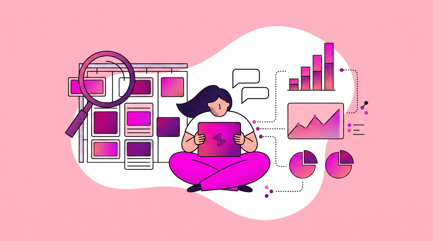 Illustration of a person sitting cross-legged with a tablet, surrounded by charts, graphs, speech bubbles, and a magnifying glass on a pink background.