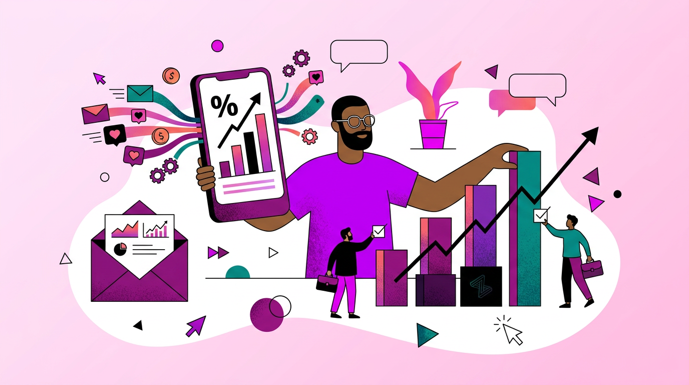Illustration of people analyzing graphs and charts, with email icons, gears, and growth symbols, representing data analysis and business growth on a pink background.