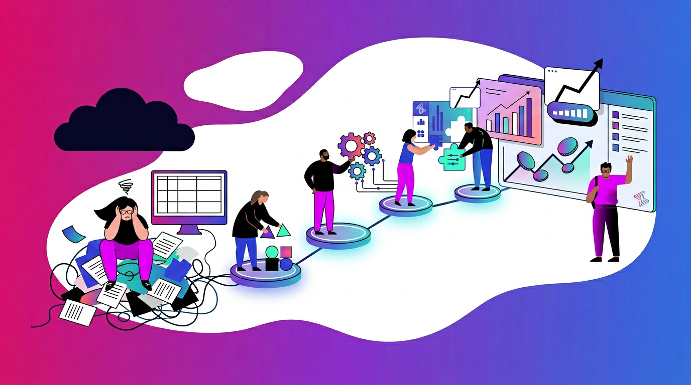 Illustration showing a workflow from disorganized paperwork and stress to teamwork, data analysis, and achieving business growth with charts and graphs.