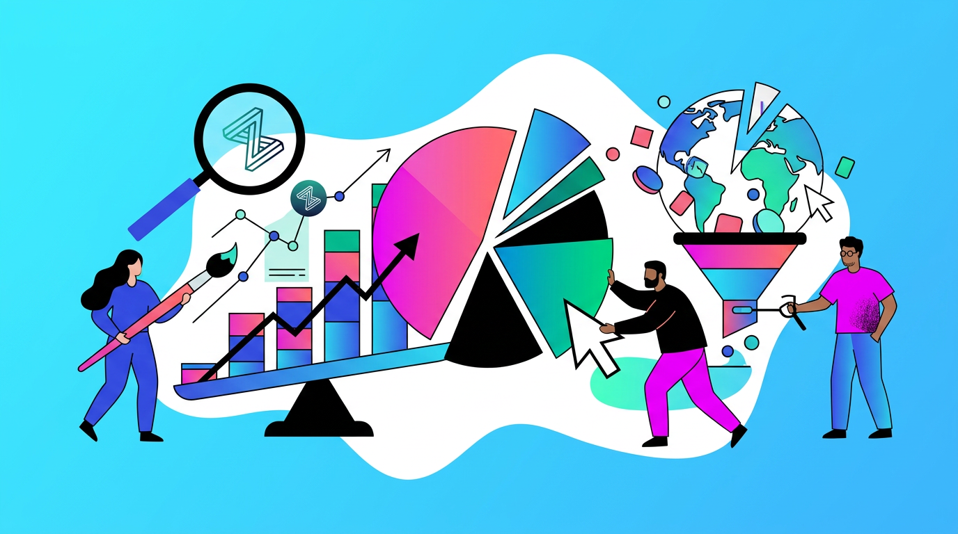 Illustration of people analyzing data with charts, graphs, a pie chart, magnifying glass, globe, and a funnel, representing global data analysis and business growth.