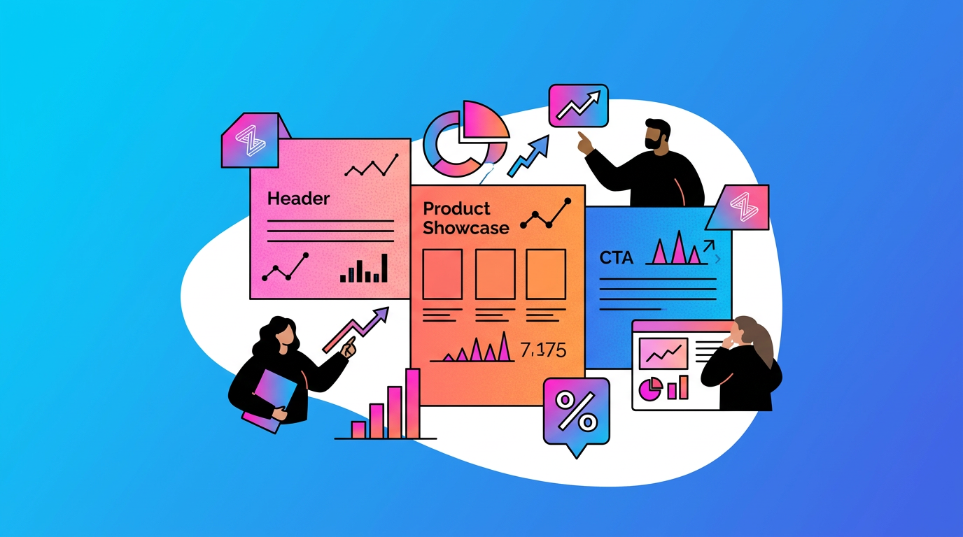 Illustration of three people analyzing charts, graphs, and data related to headers, product showcase, and CTA on colorful panels, with icons indicating growth and percentages.