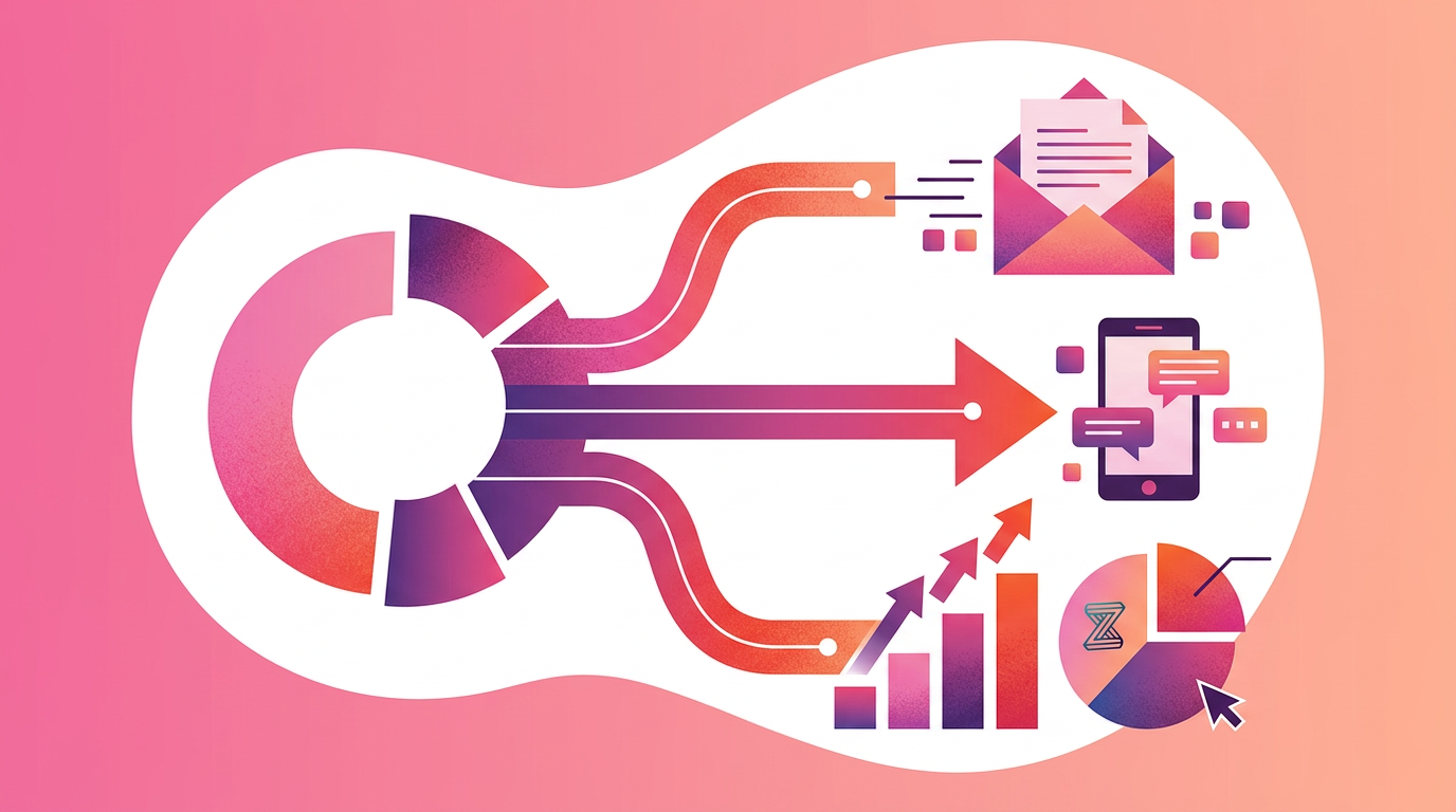 Abstract illustration showing data flow from a pie chart to icons representing email, a smartphone, bar and line graphs, and a pie chart on a gradient background.