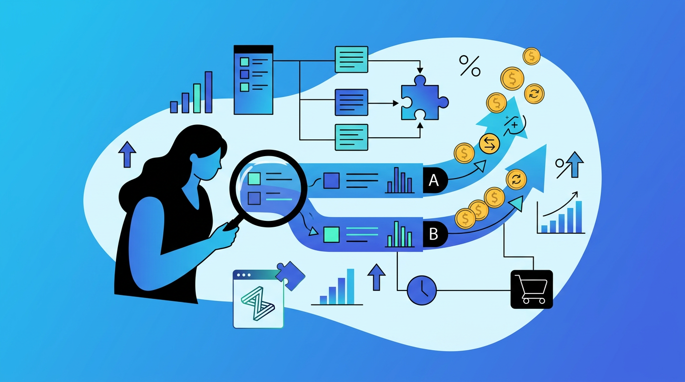 Illustration of a person analyzing charts, graphs, and data flow diagrams, with icons representing money, shopping, time, and statistics on a blue background.