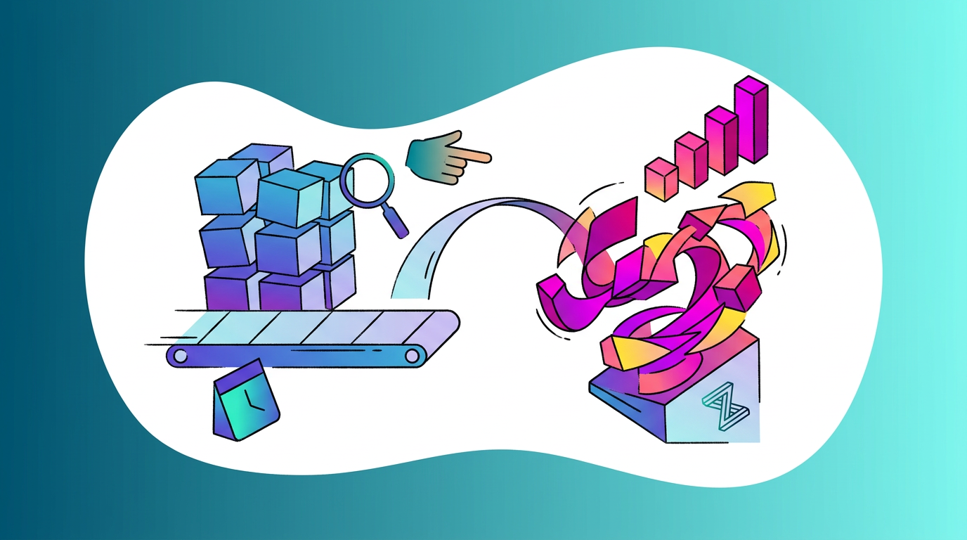 Illustration of blocks on a conveyor belt with arrows and graphs, representing data processing and analysis.