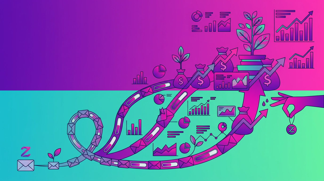 Illustration of emails transforming into financial growth symbols, graphs, and plants, representing digital marketing or investment growth, with a hand sowing a seed labeled “Z.”.