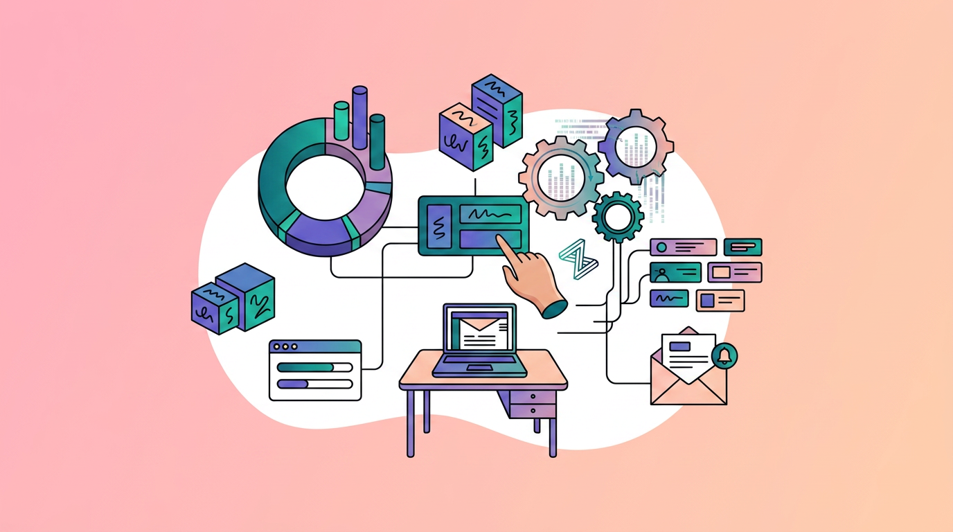 Illustration of digital charts, graphs, gears, and icons connected to a computer on a desk, representing data analysis and workflow automation.