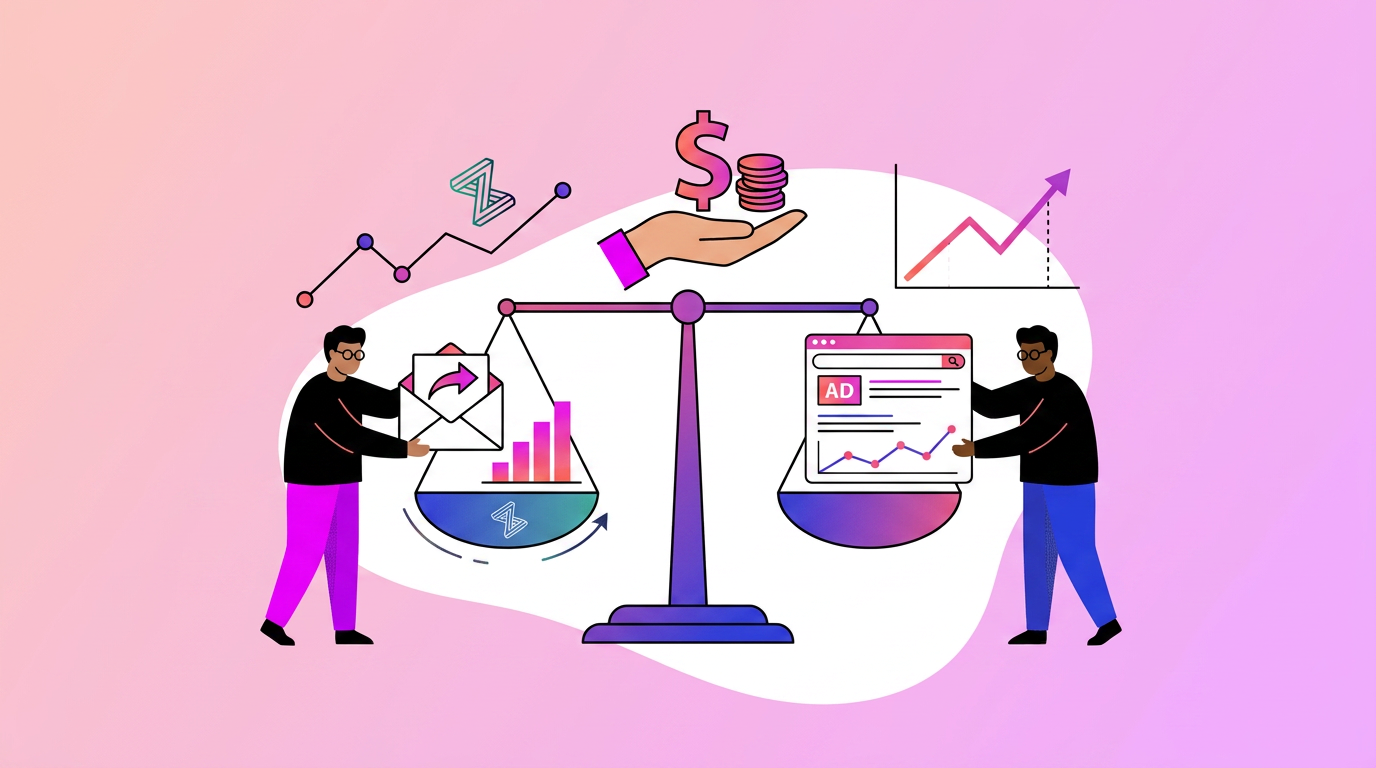 Two people balance a scale with data charts and an online ad, while graphs, coins, and a rising arrow illustrate financial and analytical concepts.