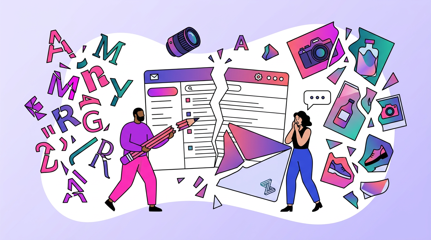 Illustration of a man and woman near a torn email and browser window, surrounded by scattered letters, icons, and social media images.