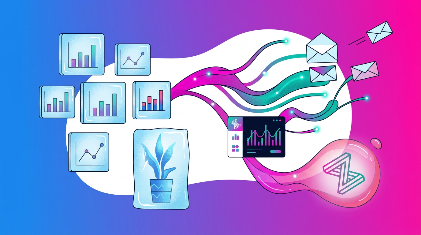 Illustration showing charts and graphs flowing into digital interfaces and emails, symbolizing data analysis and communication, with a plant and DNA icon included.