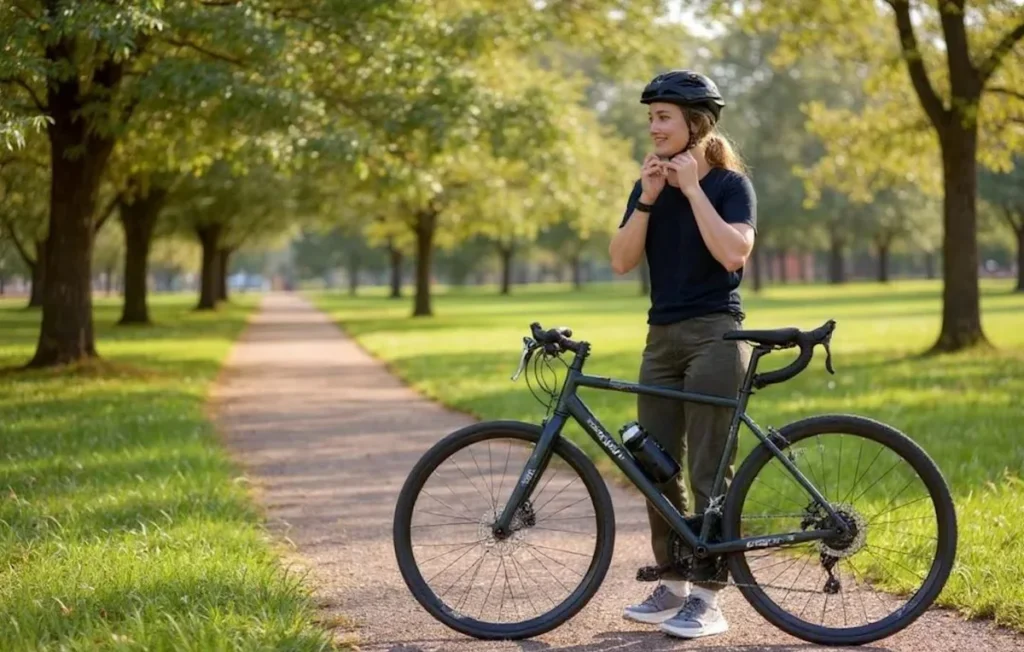 A person stands on a park path next to a bicycle, but the bicycle is ai slop and has two handlebars