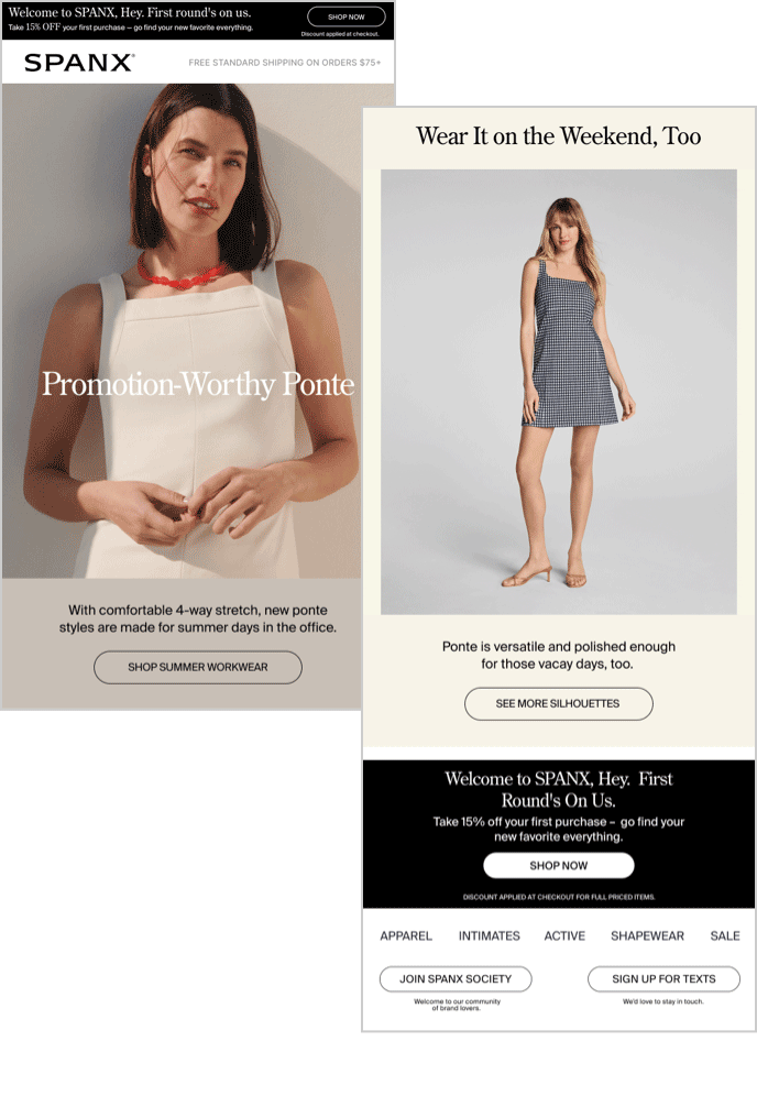Animated view of SPANX daily emails bookended with a personalized Smart Banner at the top and Smart Kicker at the bottom