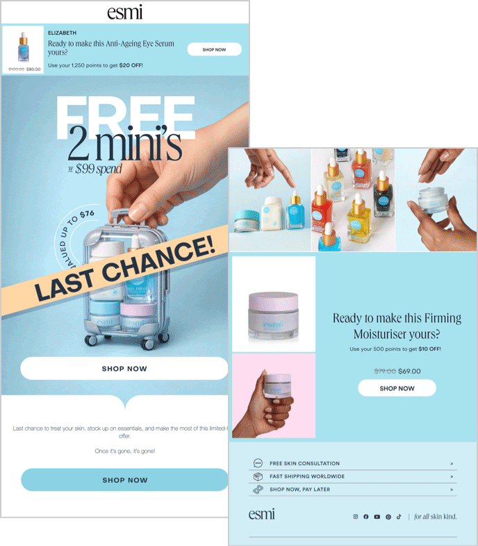 Animated esmi Skin Minerals email with a personalized Smart Banner at the top and a Smart Kicker product block at the bottom