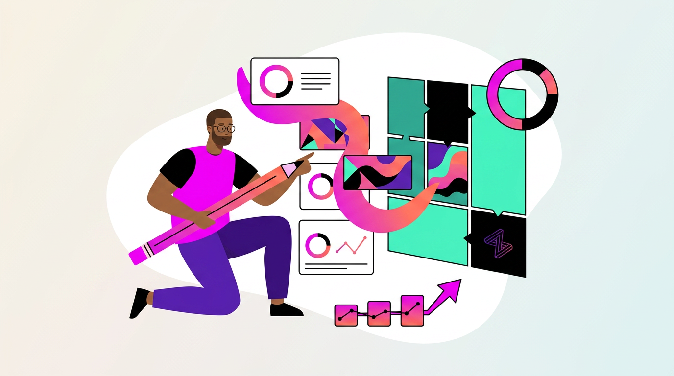 Illustration of a person holding a large pencil and pointing at charts and graphs, symbolizing data analysis and strategic planning with vibrant colors.